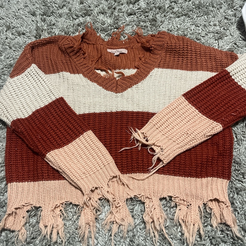 Striped Fringed Sweater - Brown, Cream, Tan